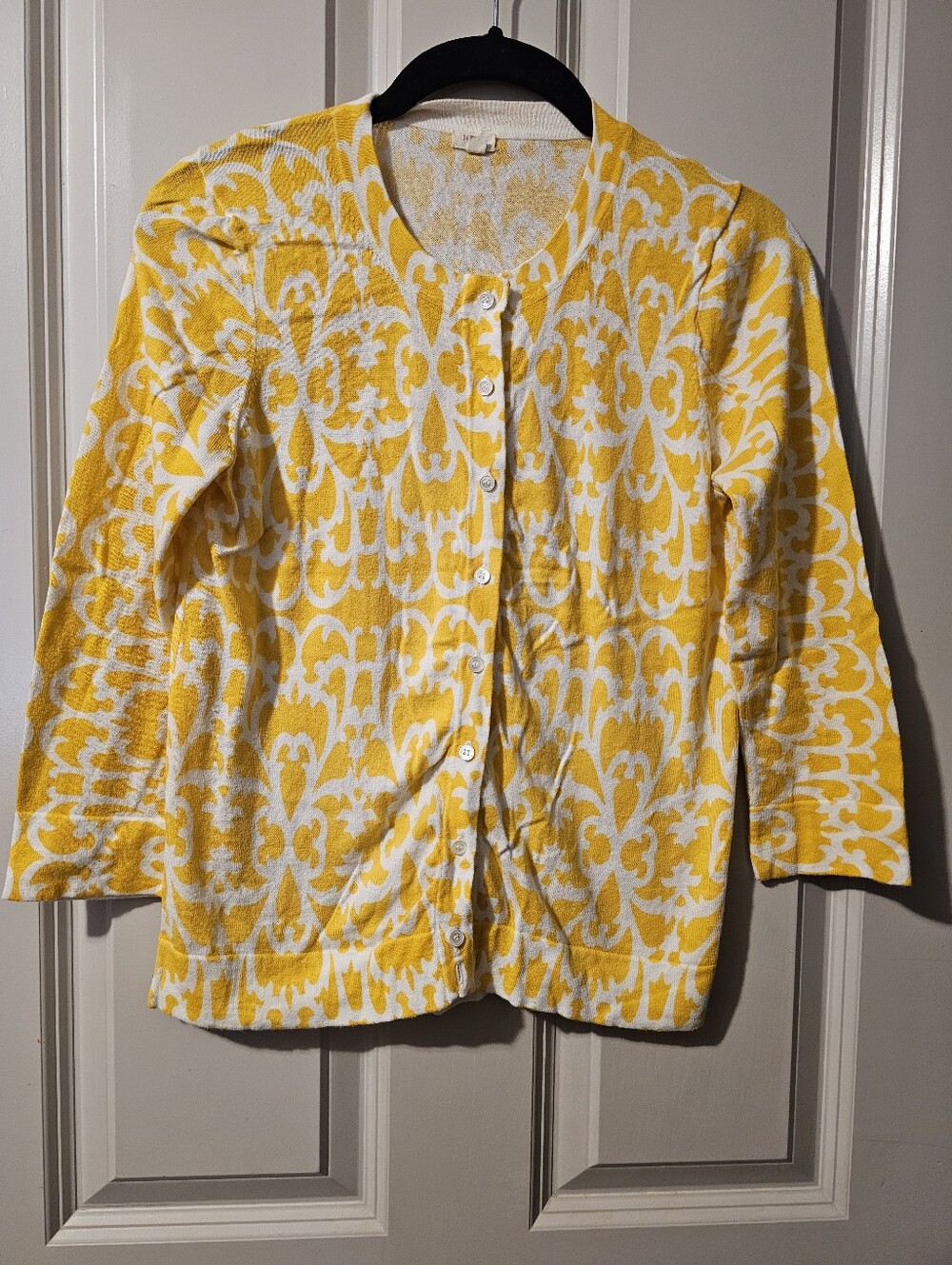 J. Crew Yellow and White Printed Knit Cardigan S